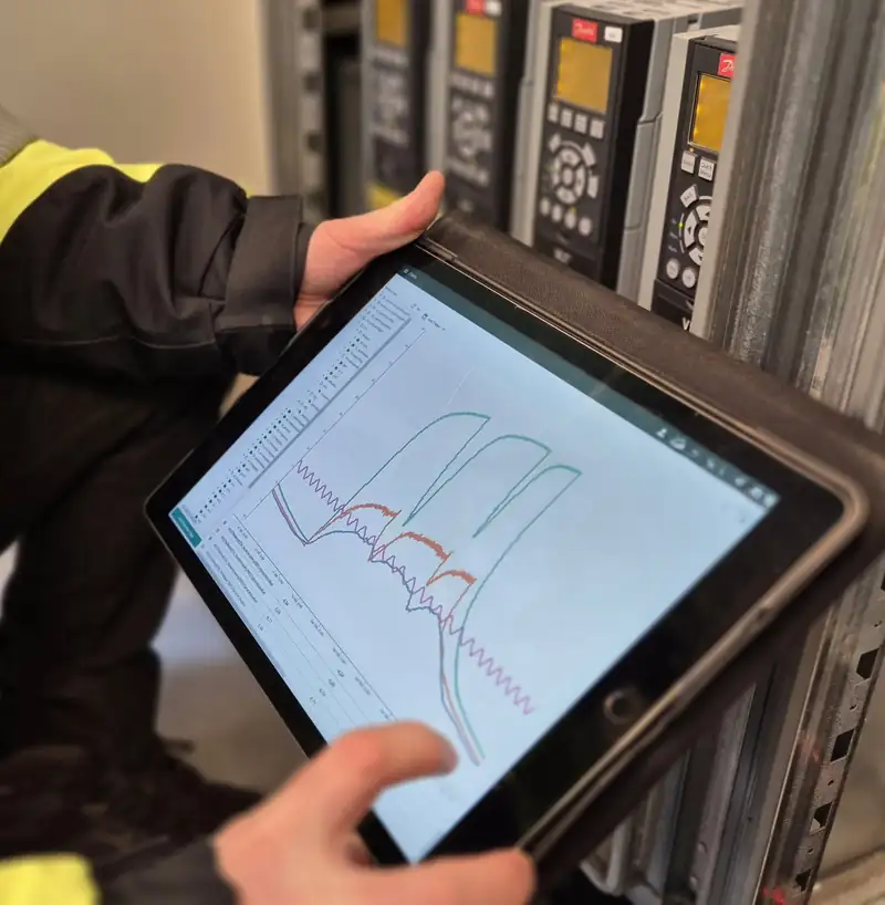 Tablet showing plant trends, in front of frequency drives in a control cabinet
